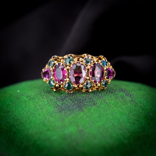 Antique Almadine Garnet and Emerald Five Stone 15ct Gold Ring | Dated 1871