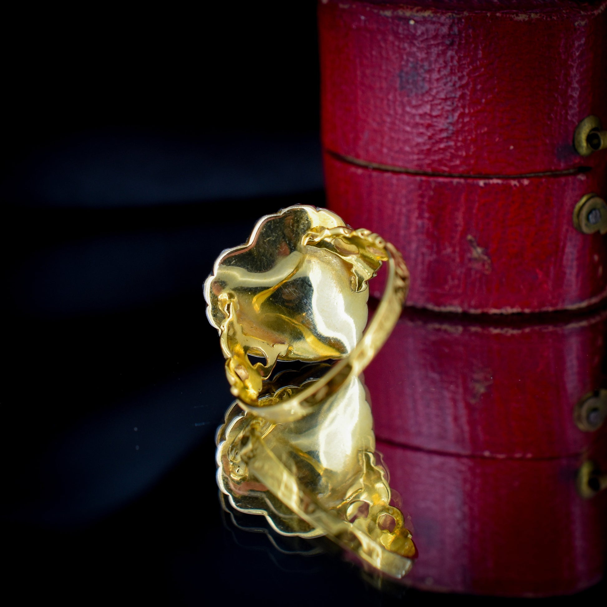 Cabochon Garnet Heart and Rose cut Diamond Halo 18ct Yellow Gold Ring