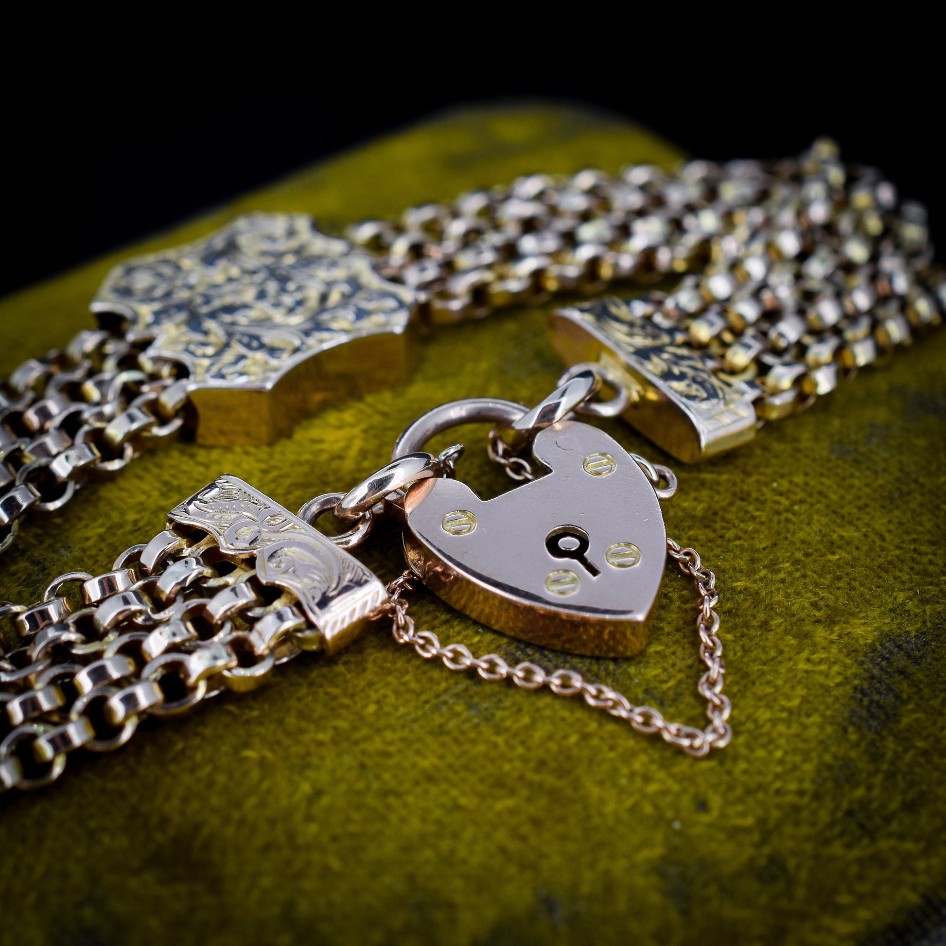 Antique 9ct Gold Fancy Bracelet with Heart Padlock and Slider