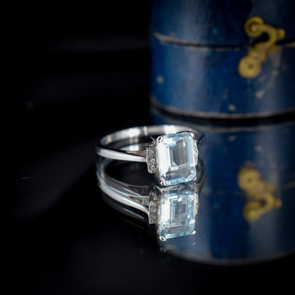 Emerald Cut Aquamarine and Diamond 18ct White Gold Ring | Art Deco Style