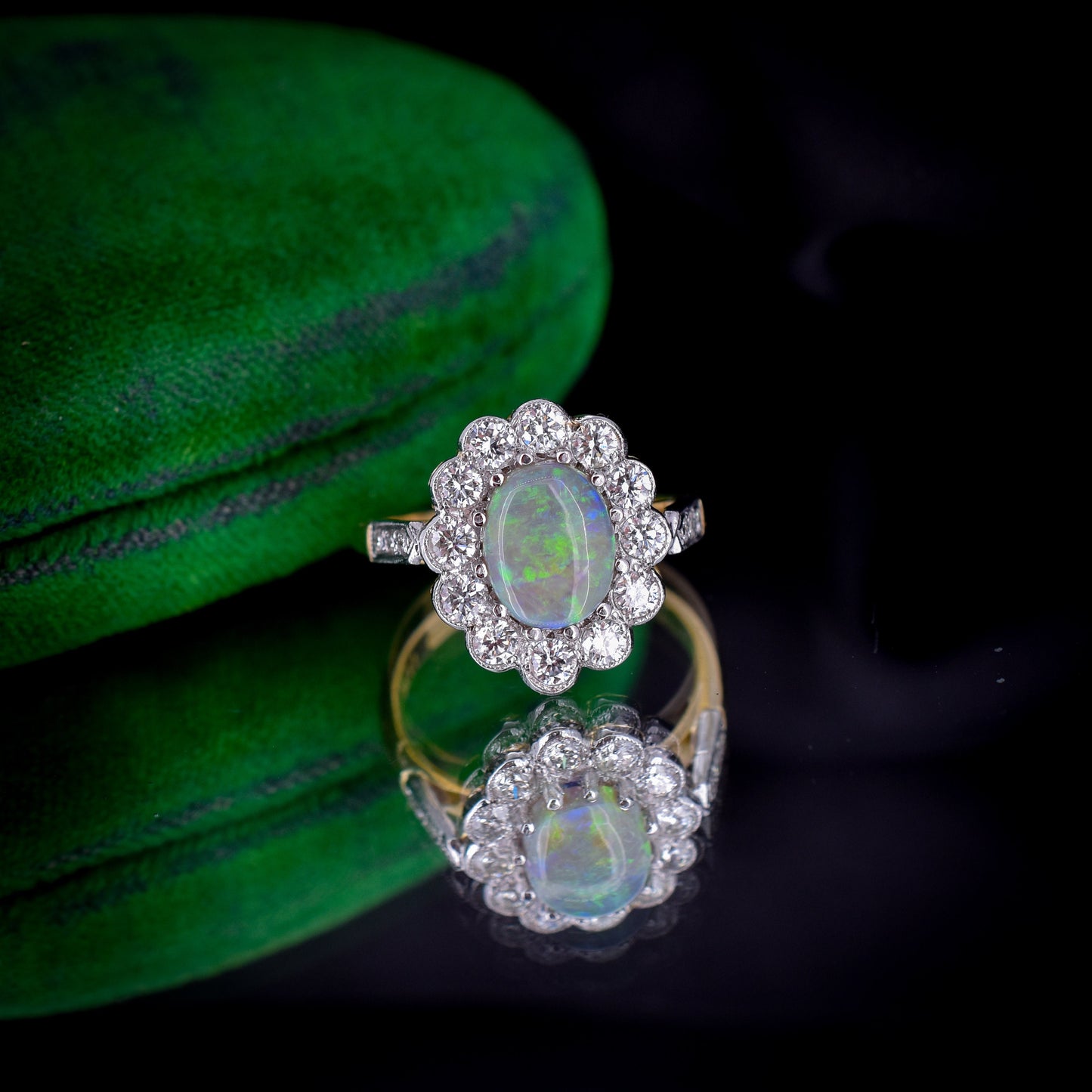 Opal and Diamond Oval Cluster Halo 18ct Gold and Platinum Ring | 0.90ct Diamond