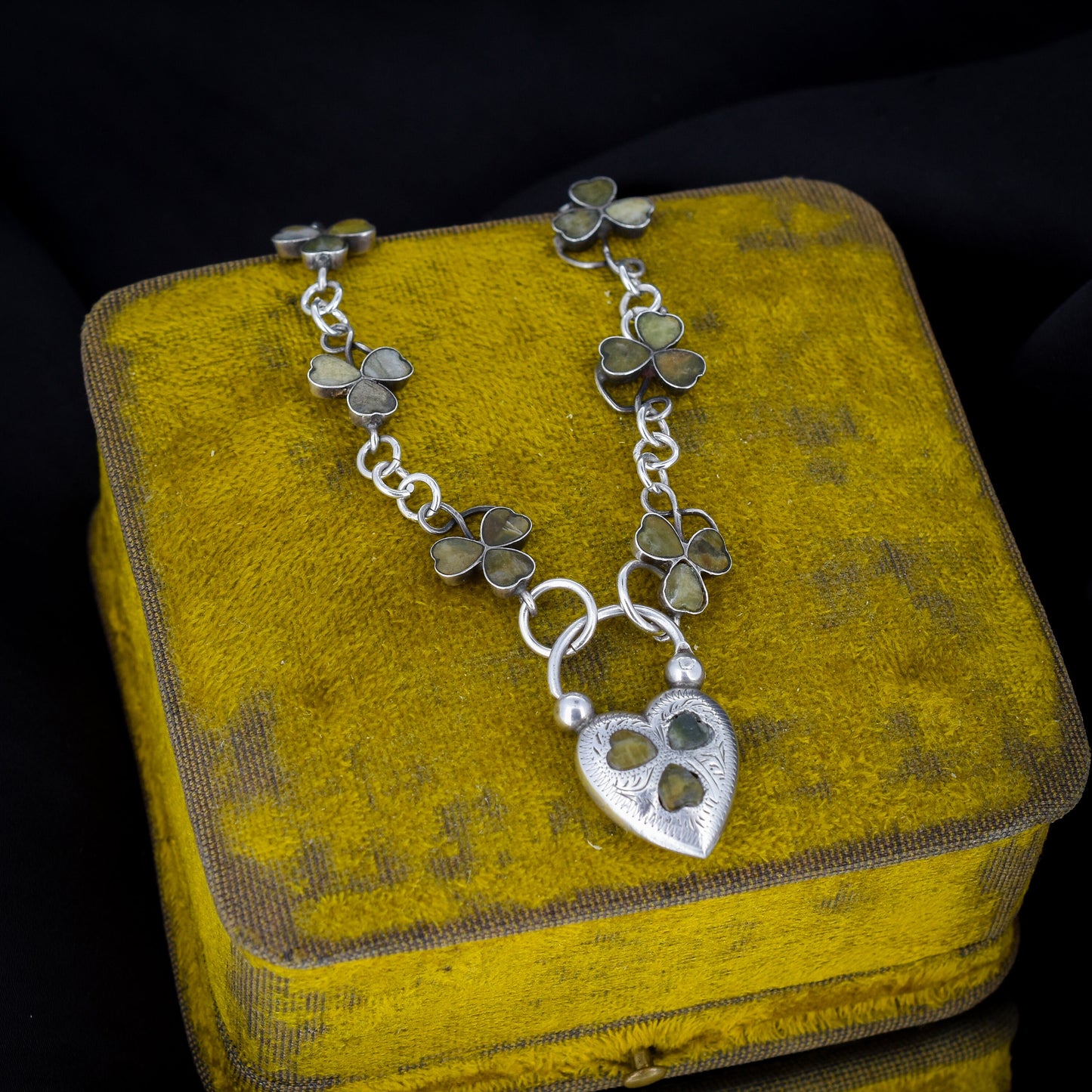 Antique Connemara Marble Shamrock Irish Clover Silver Heart Padlock Bracelet
