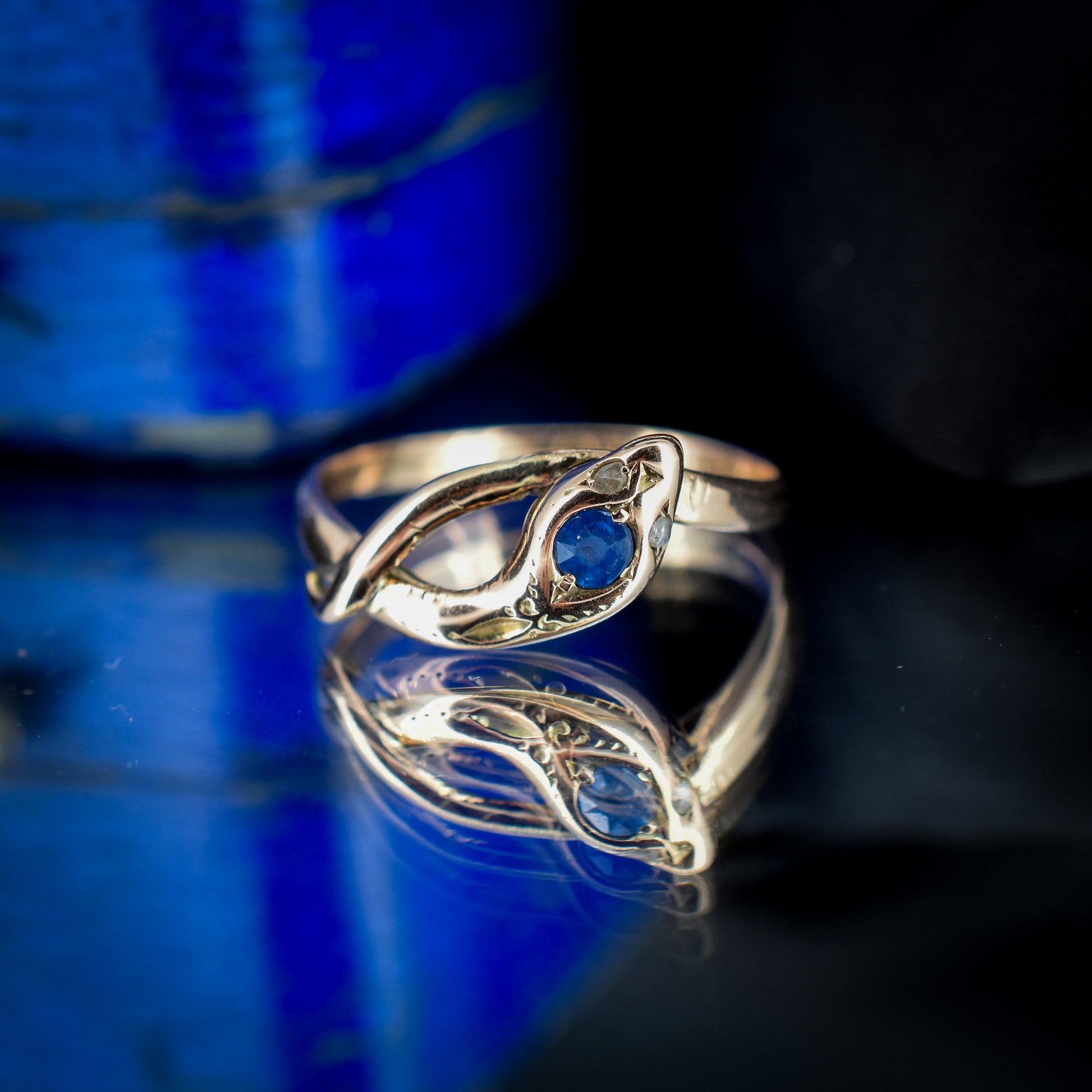 Antique Victorian Sapphire and Diamond Snake Gold Ring | Dated 1900