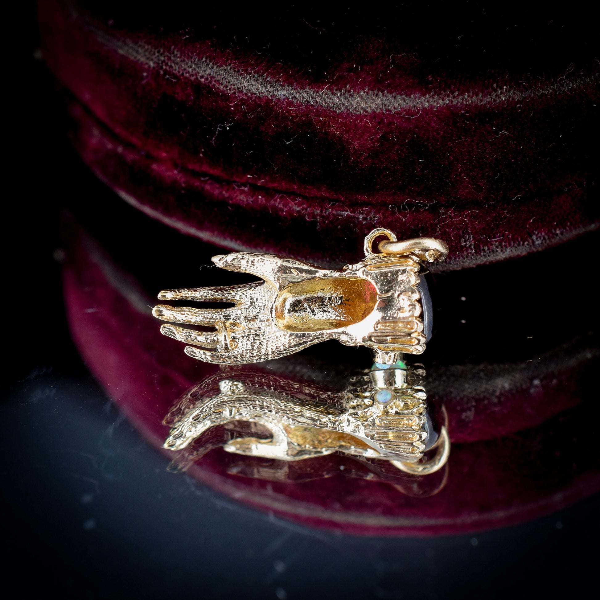 Opal and Garnet Yellow Gold Hand Figa Charm Pendant