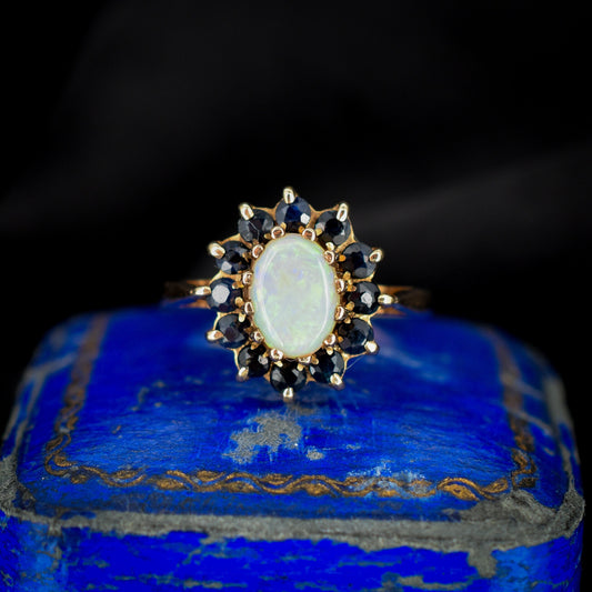Vintage Opal and Blue Sapphire Cluster Halo 9ct Yellow Gold Ring