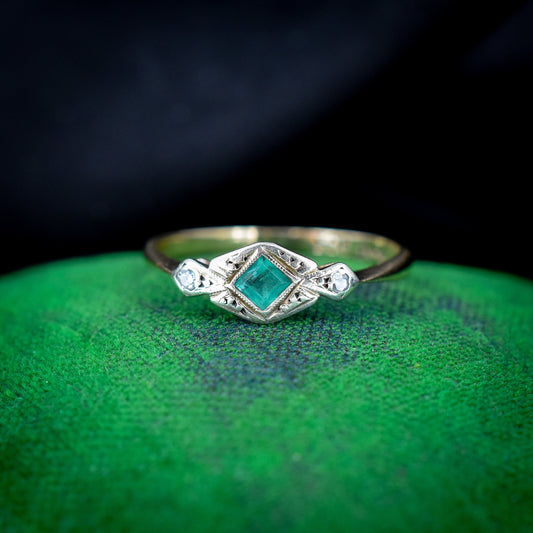 Art Deco Emerald and Diamond Three Stone 9ct Gold and Platinum Ring