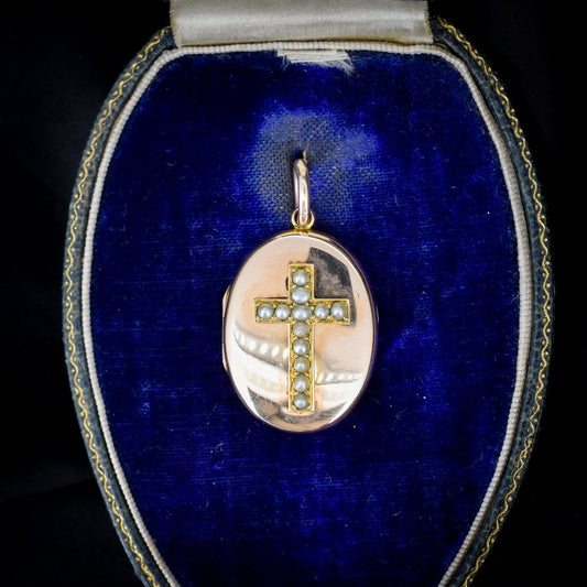 Antique 15ct Gold Victorian Pearl Cross Oval Photo Locket Pendant