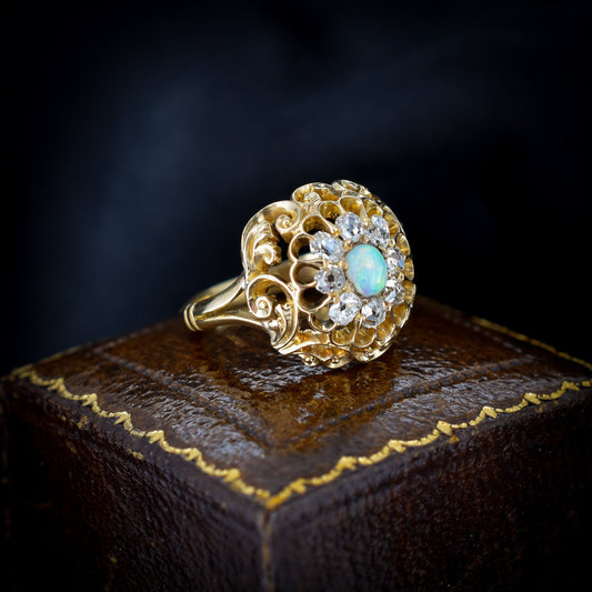 Antique Opal and Diamond Cluster 18ct Gold Ring
