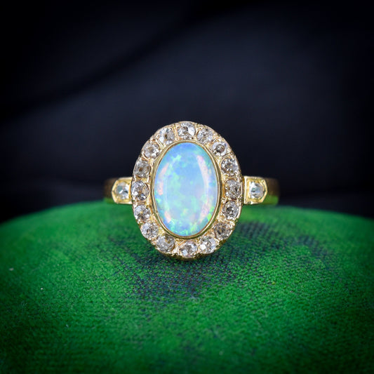 Antique Natural Opal and Diamond 18ct Yellow Gold Halo Cluster Ring
