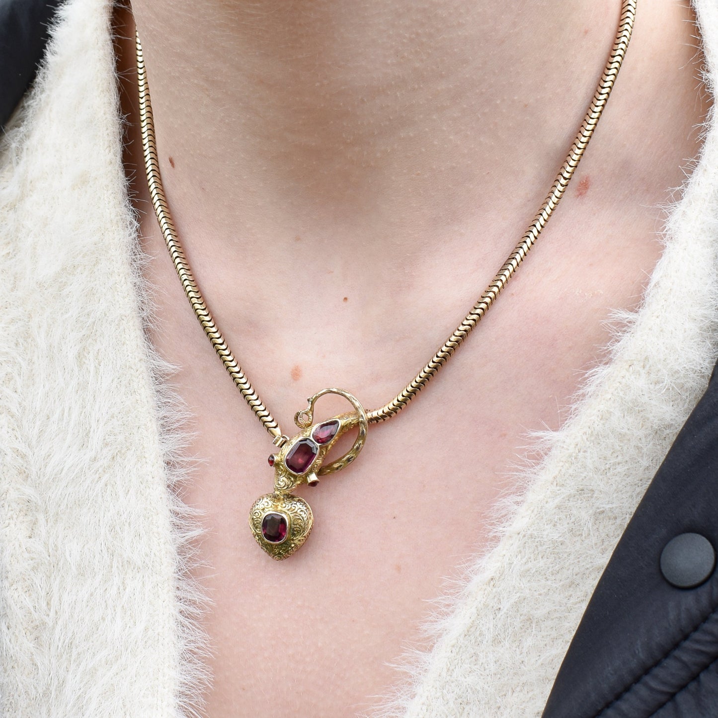 Antique Victorian Garnet Yellow Gold Snake Serpent Necklace with Heart Drop | 16"