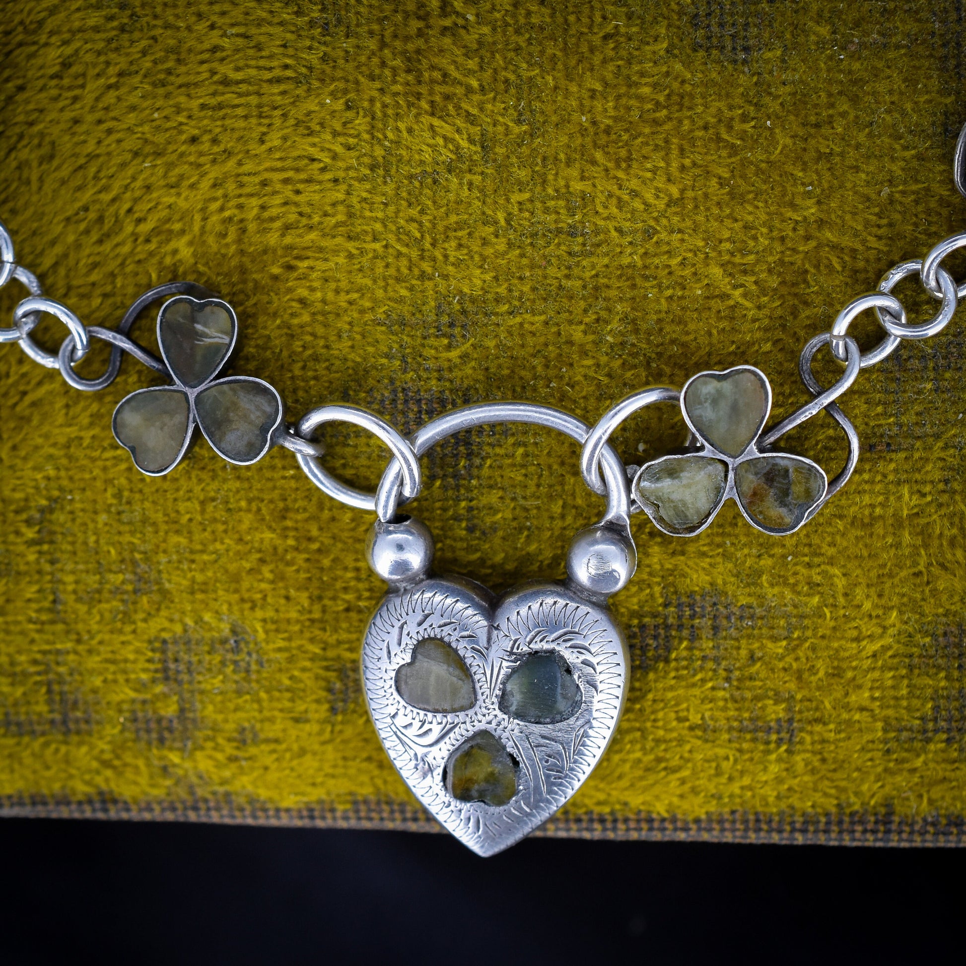 Antique Connemara Marble Shamrock Irish Clover Silver Heart Padlock Bracelet