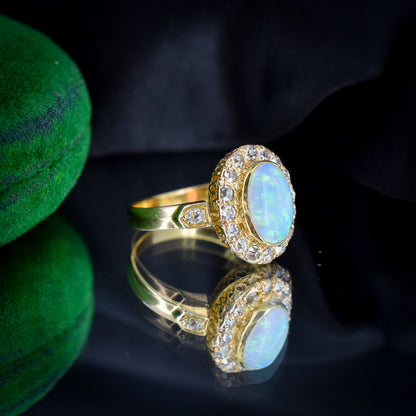Antique Natural Opal and Diamond 18ct Yellow Gold Halo Cluster Ring